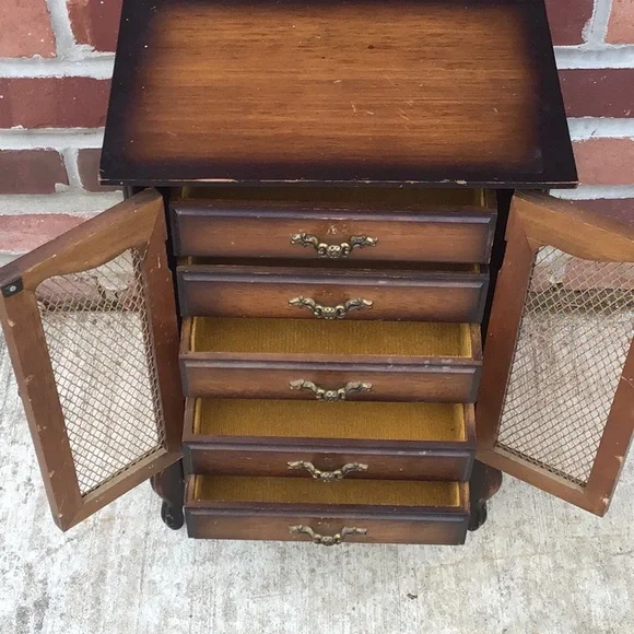large Vintage Wooden Musical Jewelry Box, velvet lined drawers, made in Japan